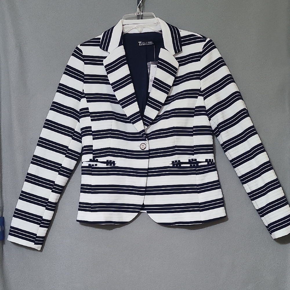 New York & Company 7th Avenue Women's Blue & White Striped Blazer Jacket Medium